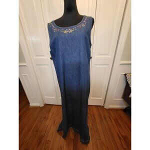 Jane Ashley Vintage 90s Embroidered Denim Maxi Tank Dress L Cottage Boho Modest